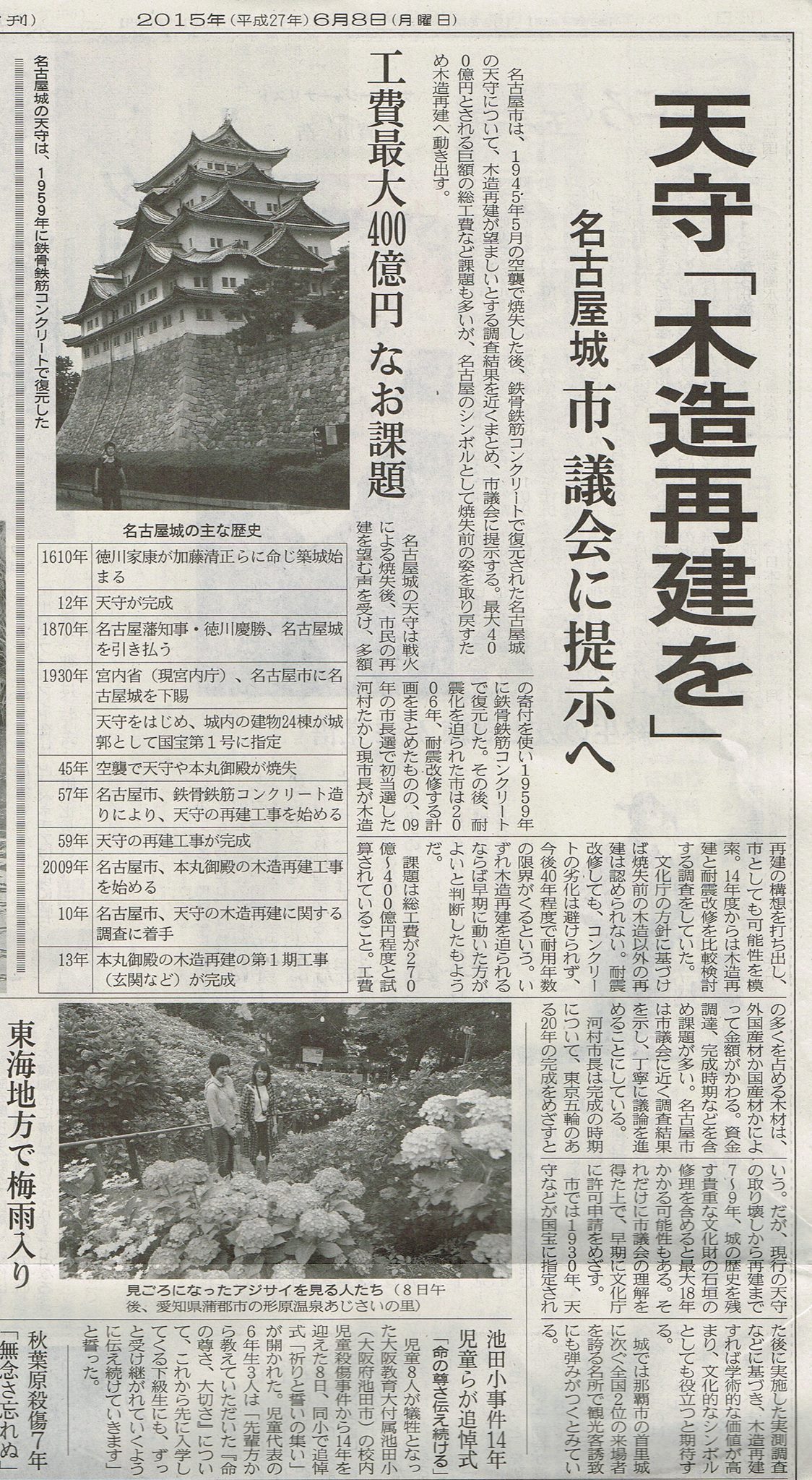 2015年6月　この新聞から名古屋城天守木造化事業は始まる。河村市長の「公約」だそうだ。