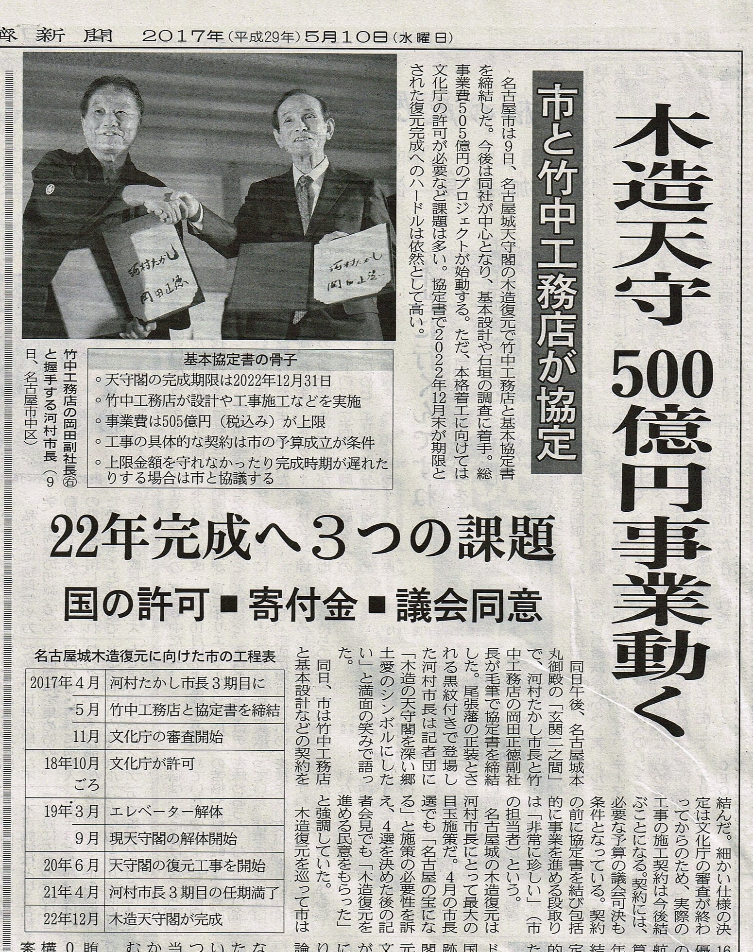 2017年5月に名古屋市は竹中工務店と名古屋城木造天守2022年竣工の請負契約を結ぶ。