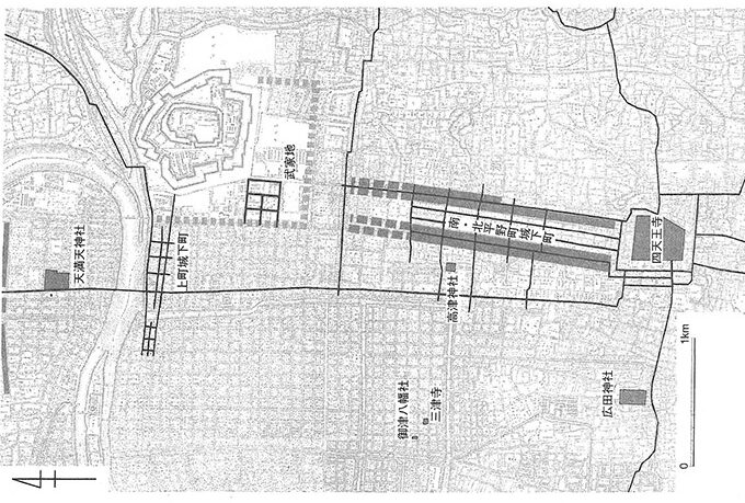 大坂本願寺跡は上町台地の端であり、古代、難波京がおかれた都市建設の適地でした。古代から続く四天王寺は信長の石山戦争１０年の経典であり、門前町を持っていたので、秀吉は淀川の護岸を固め、港を整備し、町人地は門前町の延長に頼ろう祖します。