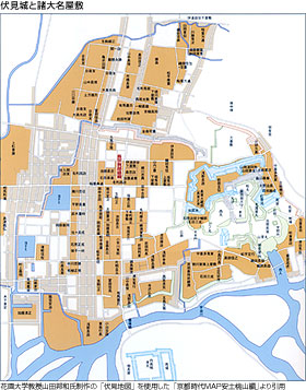 大名の名を追っての復元図ですが、都市プランの法則は「城下町」ではないので、ありません。秀吉の住まいの周り集まる大名屋敷であり、巨大は別荘地みたいです。領国を支配する権力者が住まう都市ではありせん。